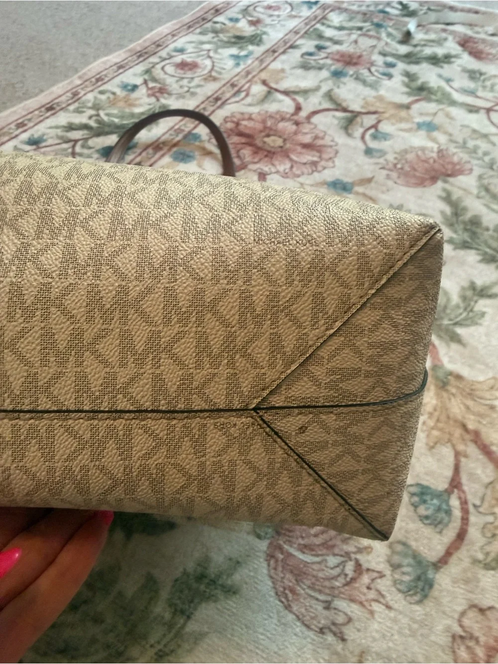 Michael Kors Beige Signature MK Logo Tote with Brown Leather Straps